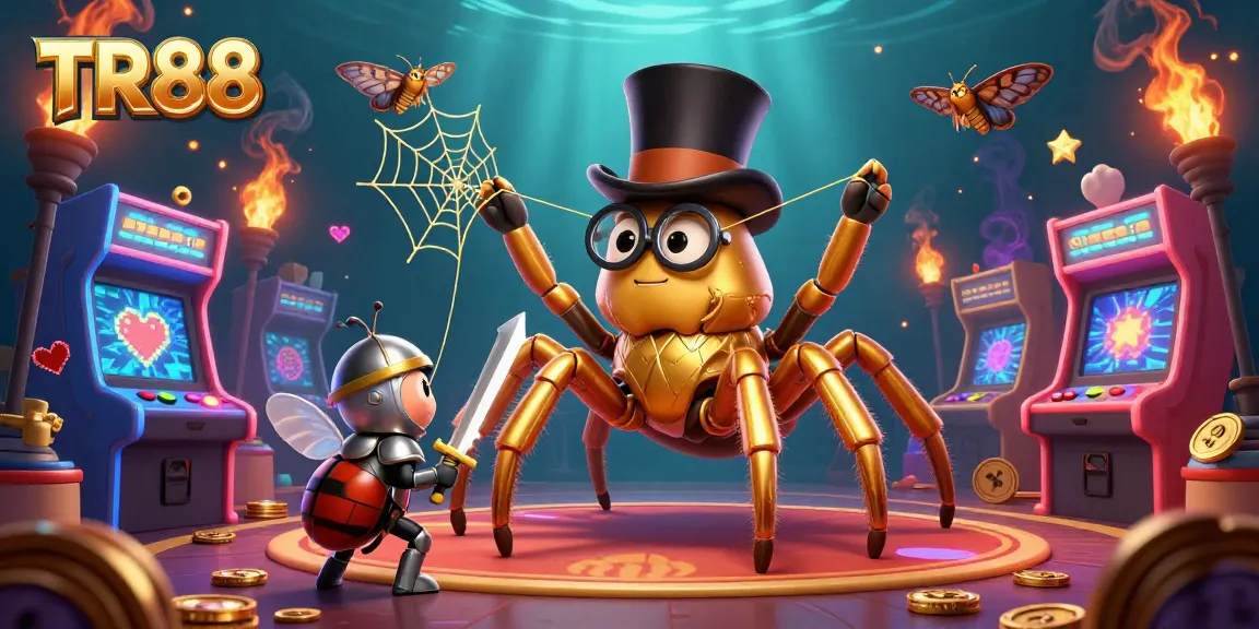 Join the thrilling TR88 adventure with a giant tarantula and beetle knight in a vibrant casino scene.