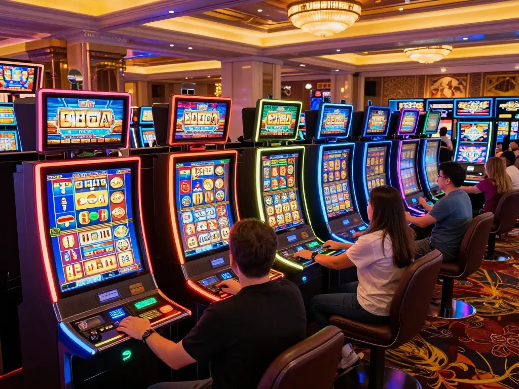 Players engaging with slot machines for a thrilling slot deposit 2k experience in a vibrant casino atmosphere.