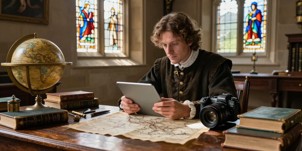 Engaging with historical content on https://tyntescastle.com in a sunlit castle setting.