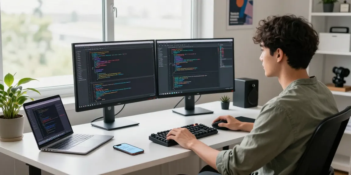 Innovative tech workspace showcasing a developer coding for 纸飞机中文版 with dual monitors and collaborative elements.
