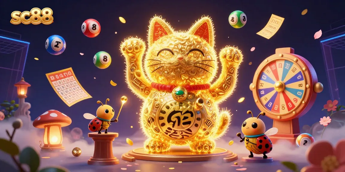Engage with sc88 as golden fireflies shape a waving lucky cat amidst vibrant gambling symbols.