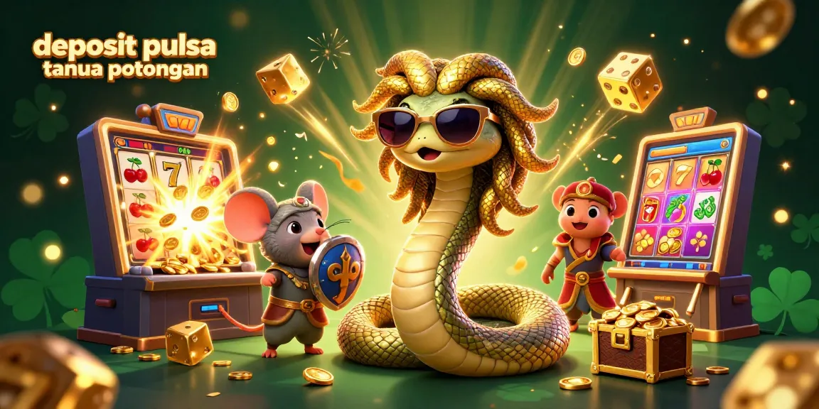 Experience the thrill of deposit pulsa tanpa potongan with this vibrant casino illustration showcasing a Medusa snake-lady and a warrior mouse amid a lively slot machine.