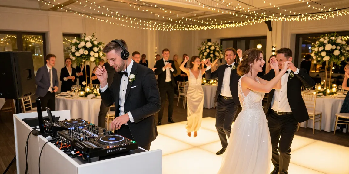 DJ für Hochzeit Berlin: Feierliche Hochzeit mit DJ und tanzenden Gästen in romantischer Atmosphäre