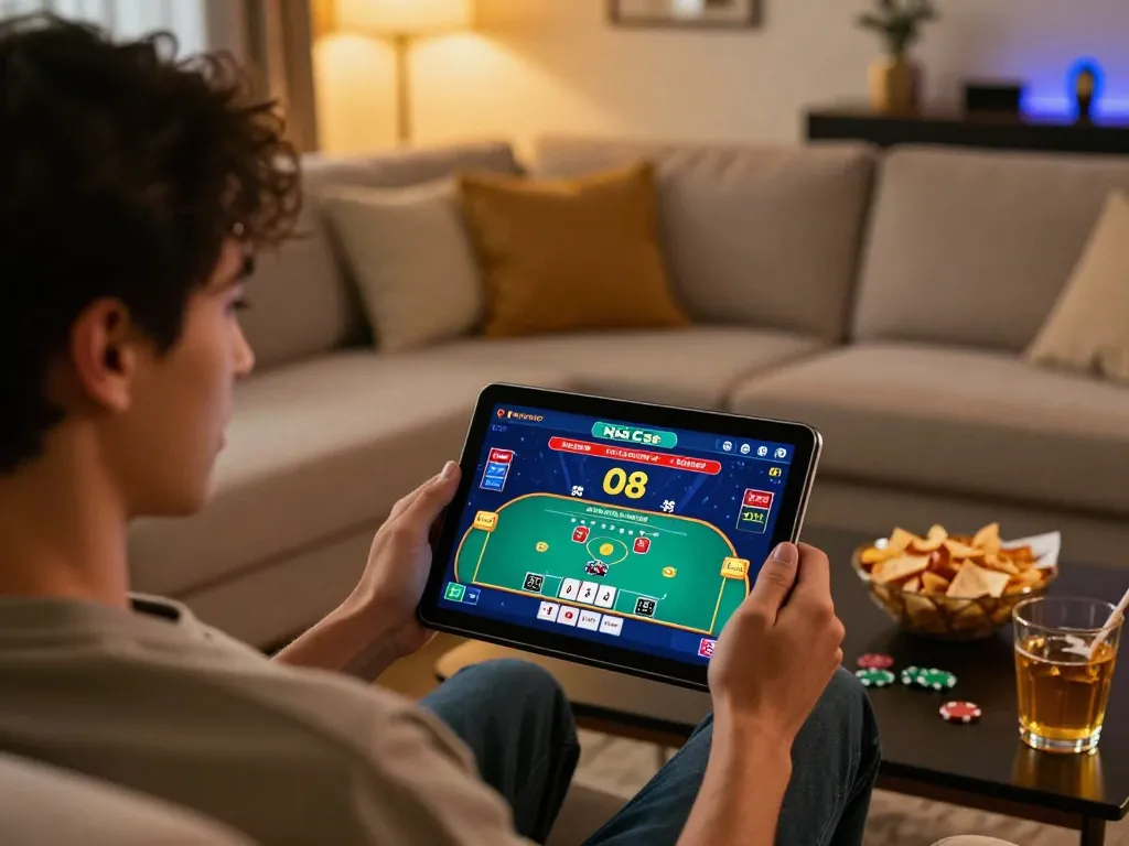 Engaging online gambling experience with Nhà Cái O8 showcased on tablet screen during a cozy home session.