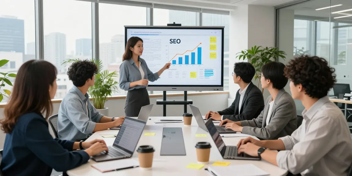 SEO team discussing strategies for Homge page links for boost in modern office
