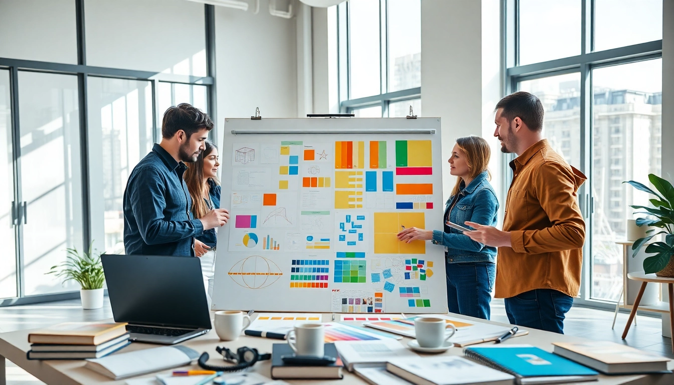 Team of designers at https://bestdesignersintheworld.com/ discussing innovative ideas with vibrant sketches.