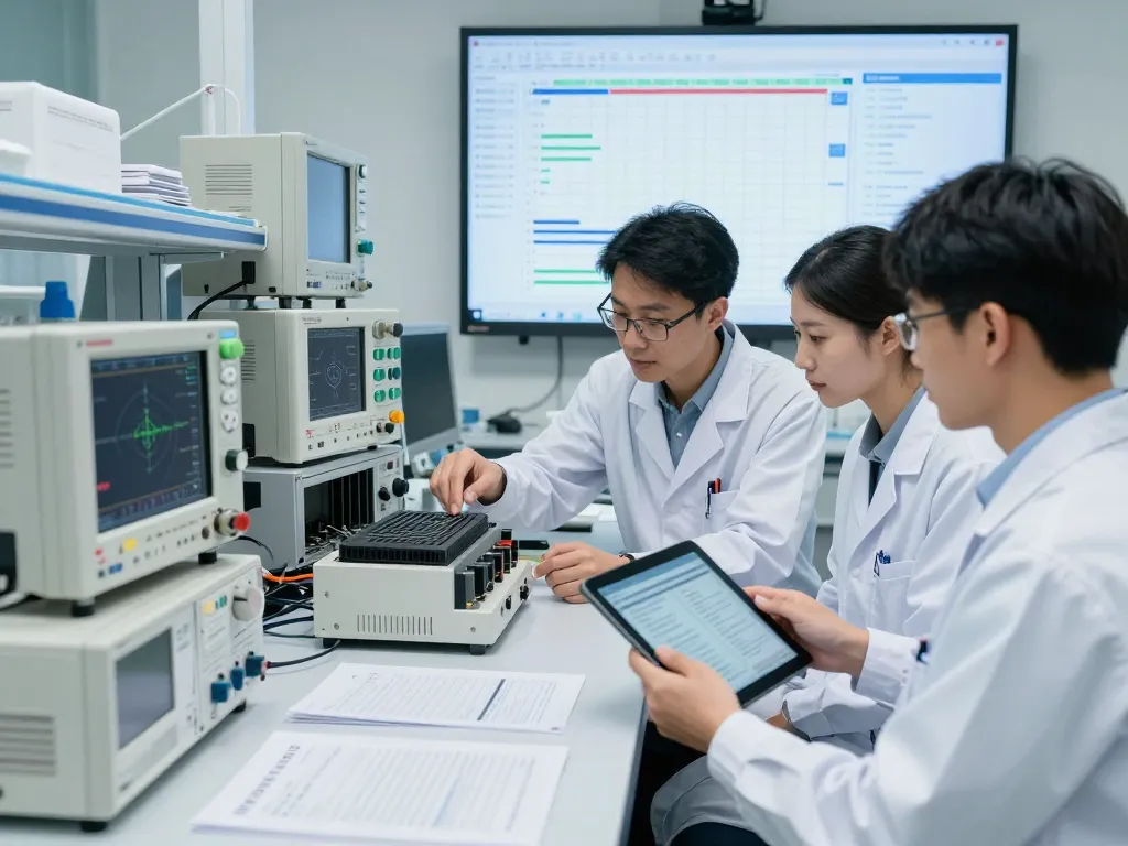 Engineers conducting CE compliance testing in a modern lab with advanced technology and collaborative workspace.