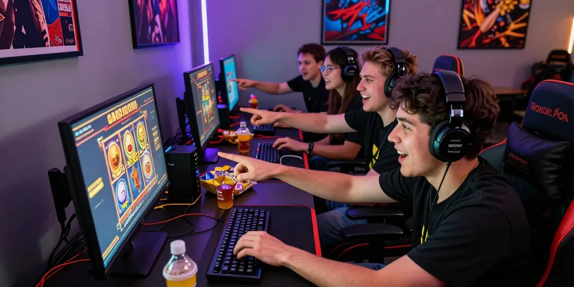 Friends enjoying slot gacor games in a vibrant gaming room, showcasing excitement and camaraderie.