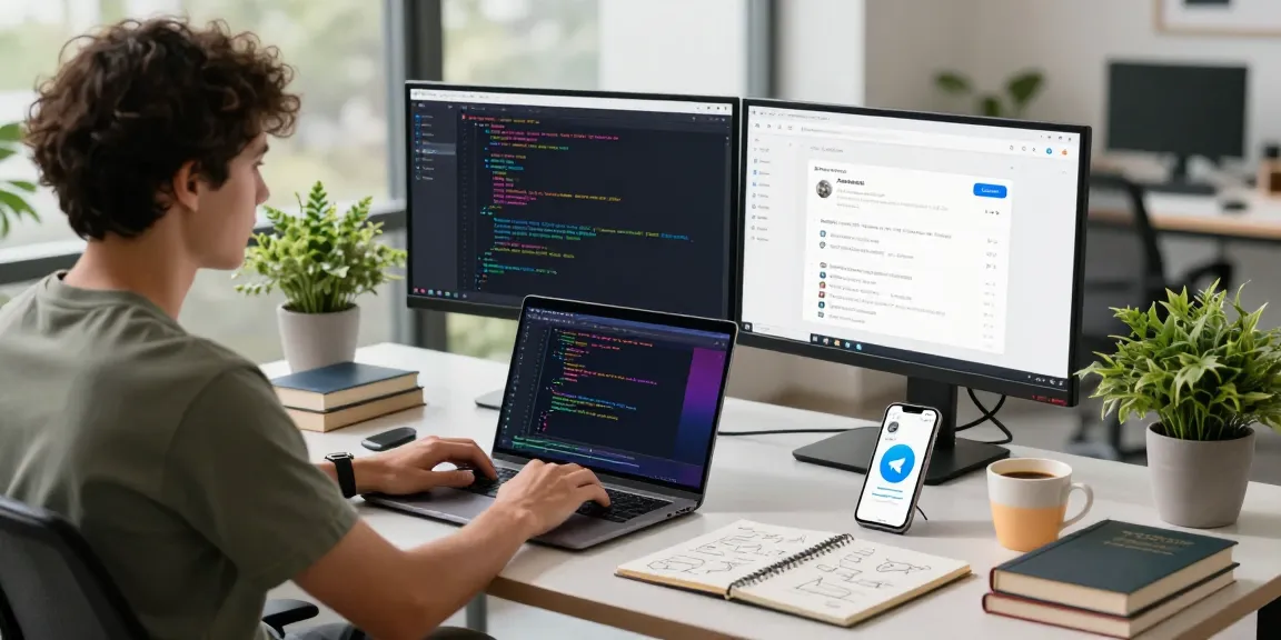 Explore 纸飞机中文版 features in a creative tech workspace with a developer coding on dual monitors and engaging with Telegram.