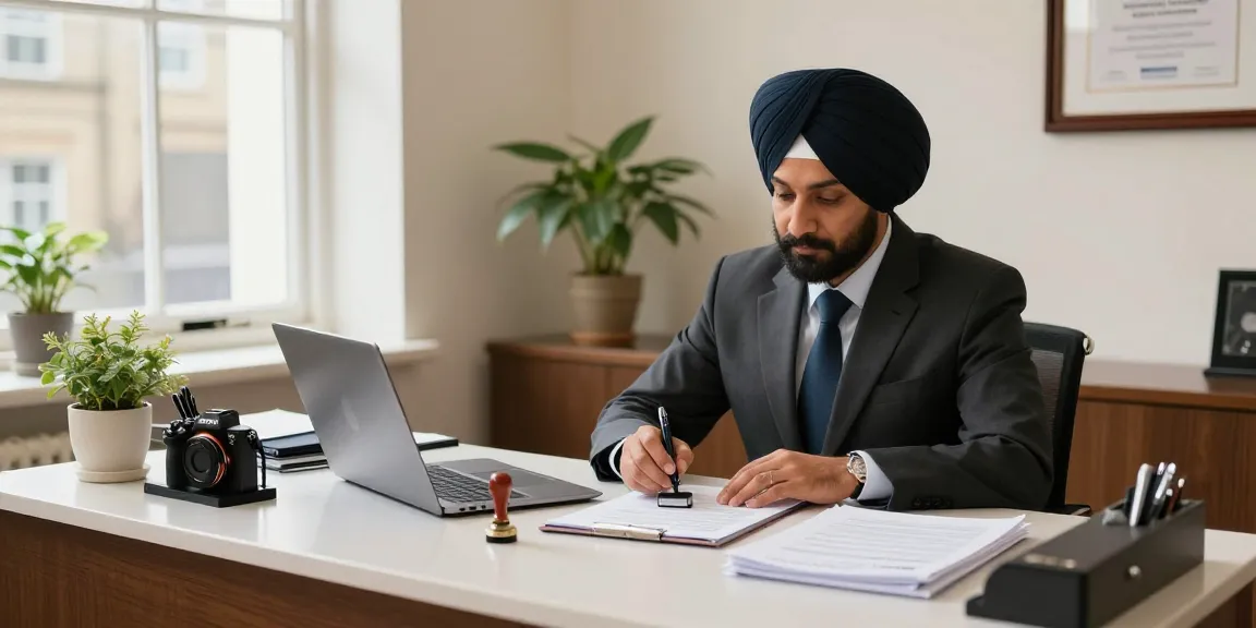 Notary public in Nottingham office with Gurjit Sanghera preparing documents for clients, showcasing professional services.