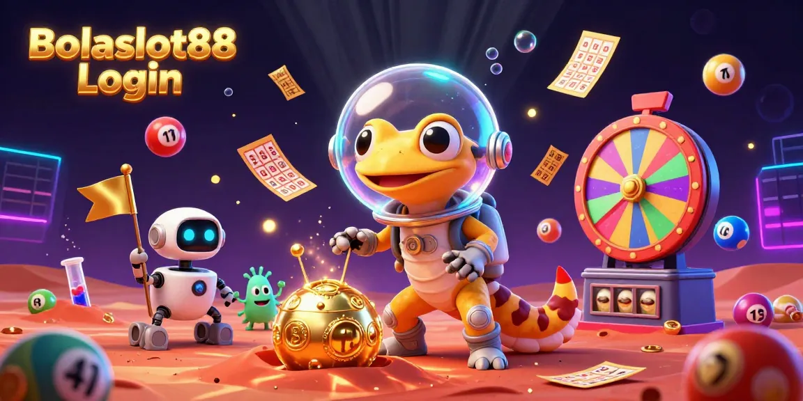 Bolaslot88 Login showcases a dynamic scene of a Martian gecko and robot exploring a cosmic casino with vibrant elements.