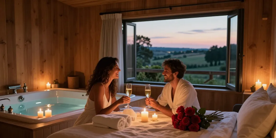 Chambre avec jacuzzi privatif toulouse in a romantic setting, showcasing a cozy couple enjoying champagne by a private jacuzzi.