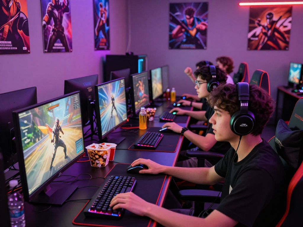 Engaged gamers in a vibrant gaming room, showcasing rokok88 gaming setup and enthusiastic atmosphere.