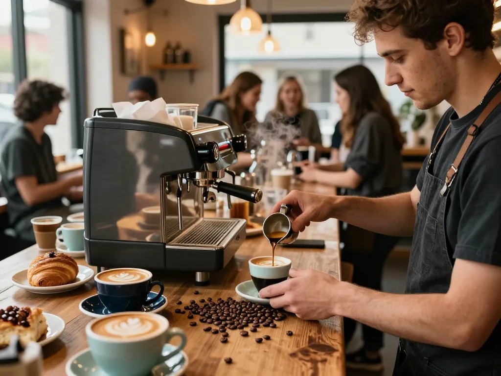 Doppio 2x espresso being expertly crafted in a cozy coffee shop setting.