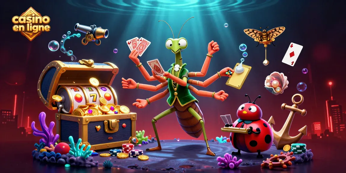 Une scène dynamique de casino en ligne avec un caméléon et un responsable, mettant en œuvre des éléments de jeu colorés.
