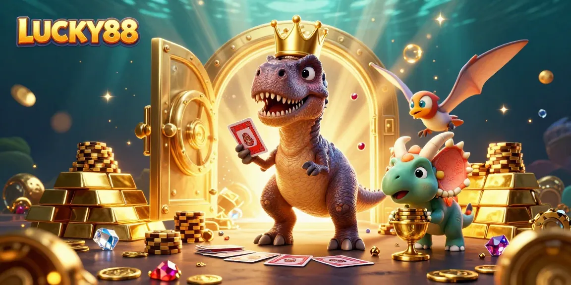 LUCKY88 showcases a playful T-Rex and friends engaging in casino action with vibrant treasures in view.