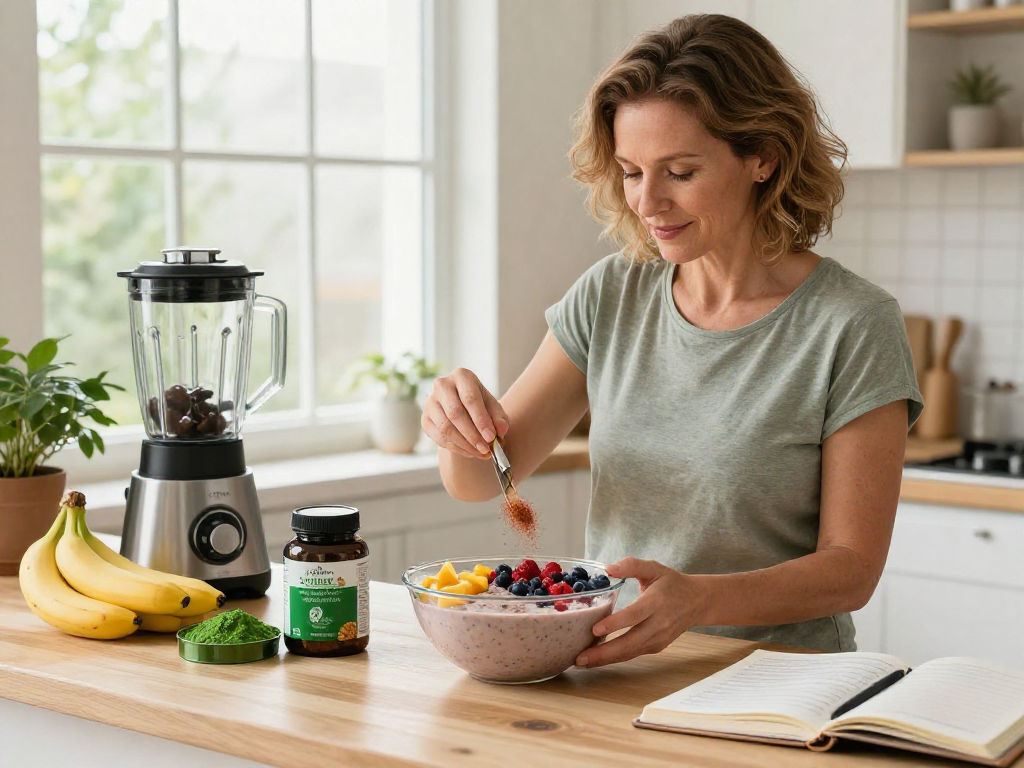 Woman preparing astaxanthin supplement Canada smoothie bowl, filled with fresh fruits and health goals.