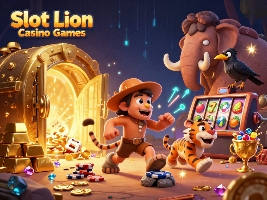 Experience Slot Lion Casino Games with a vibrant 3D illustration showcasing thrilling casino action.
