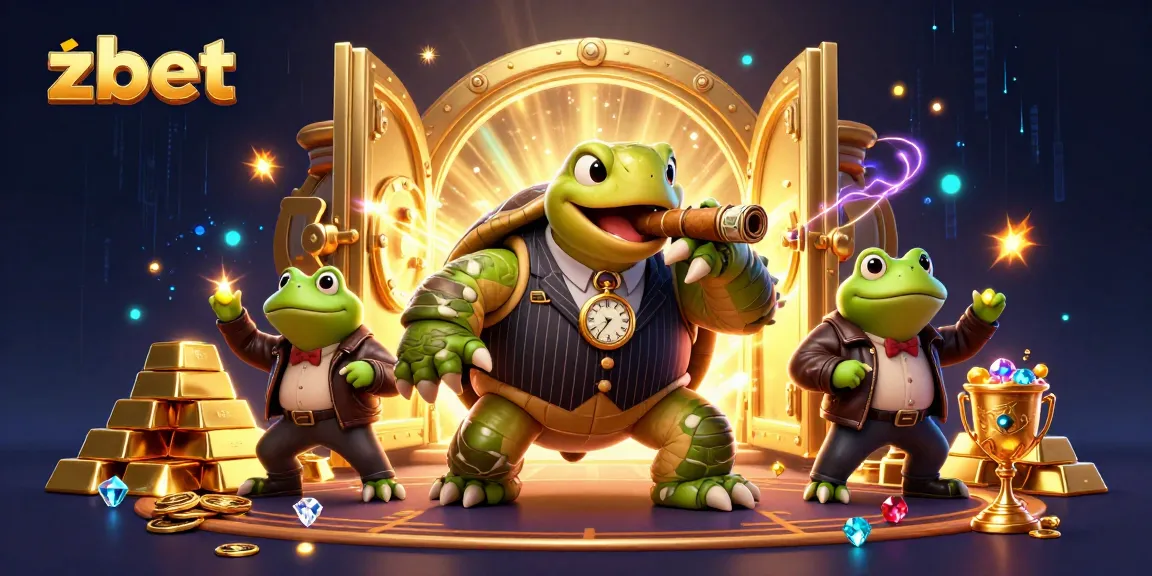 Experience zbet's thrilling casino scene with a massive turtle, bullfrog enforcers, and vibrant treasures.