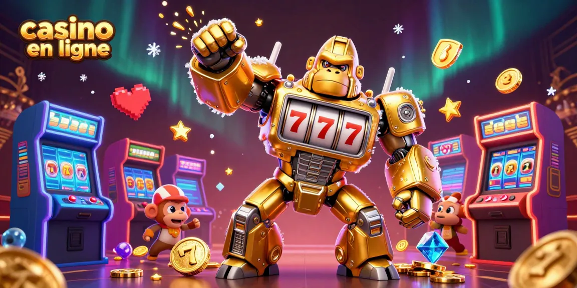 Illustration dynamique d'un gorille en or robot transformateur, symbole du casino en ligne avec des jetons et des lumières vives.