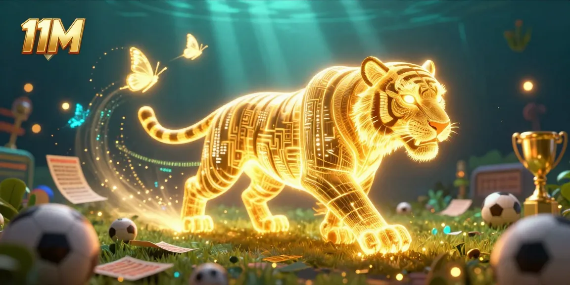 Engage with 11M's vibrant sports betting universe, featuring a neon-wireframe tiger amidst dynamic betting elements.