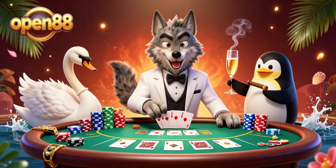 Experience thrilling casino moments with open88 in a vibrant 3D illustration of gaming characters.