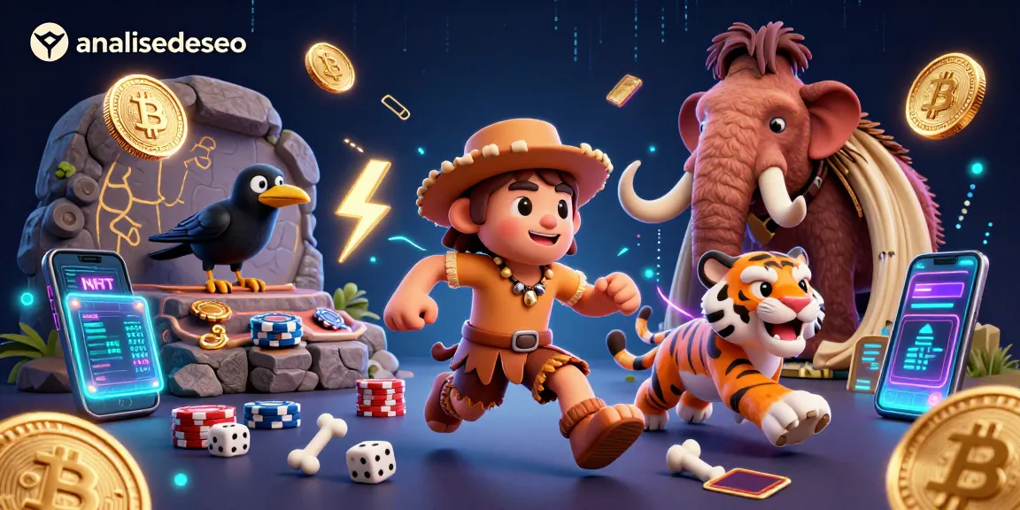Experience the thrill at the prehistoric casino with analisedeseo's vivid characters featuring cavemen and cryptocurrency elements.