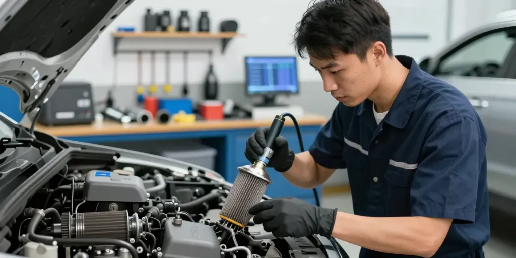 Professionelle DPF Reinigung in Hannover durch Techniker in Werkstatt.