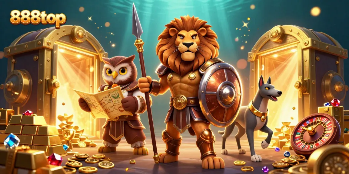 Win big with 888top casino games featuring a lion, owl, and greyhound amidst treasures.