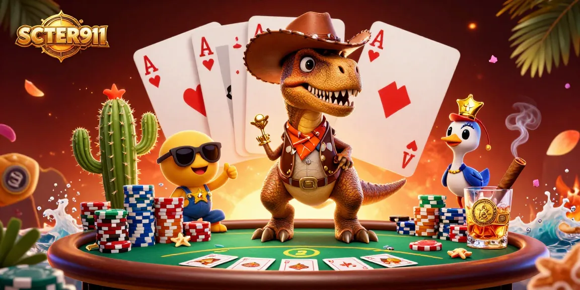 Engage with SCATTER911's colorful casino scene featuring a T-Rex and poker elements.