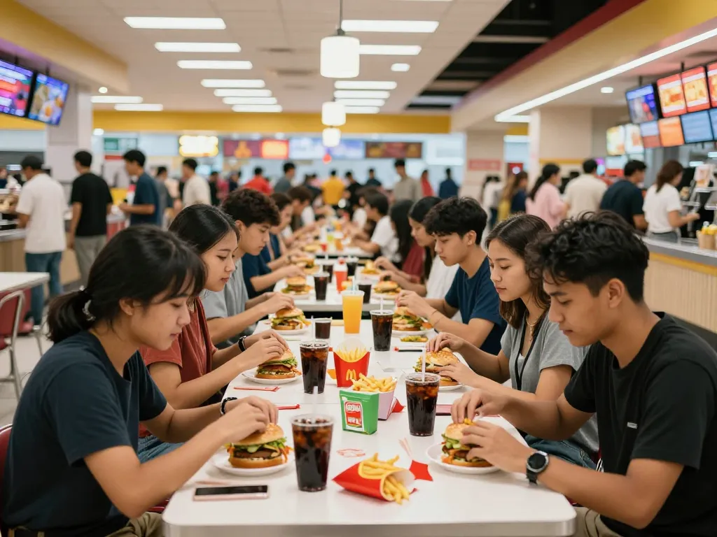 Fast food menu items shared among friends in a busy food court.