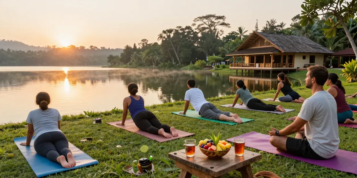 Yoga teacher training Sri Lanka at sunrise on Koggala Lake with diverse students practicing poses in a serene jungle retreat.