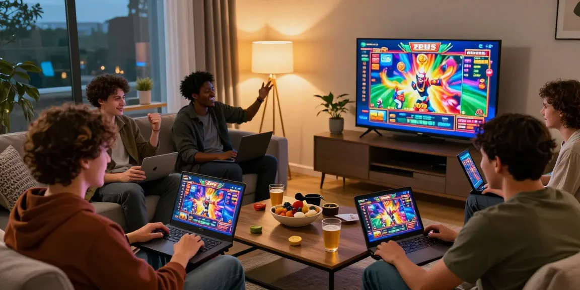 Players enjoying situs 888 slot games in a warm and lively living room setting.