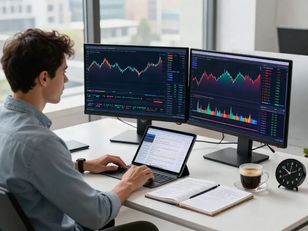 Professional analyst using TradingView to analyze financial markets in a modern workspace.
