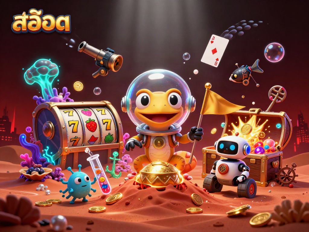 Experience สล็อต excitement with a Martian gecko discovering a hidden casino in vibrant detail.