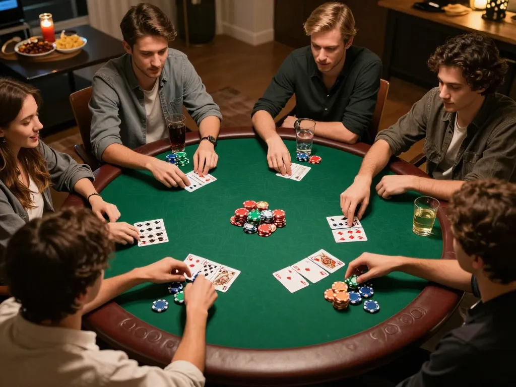 Friends enjoying a social poker game at home, showcasing strategic fun in the nn888 gaming experience.