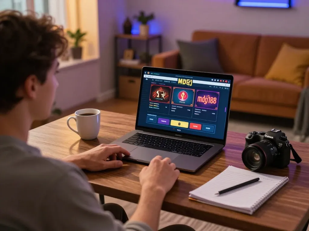 Player engaging with mdg188 online casino interface from a home gaming setup, emphasizing casual gambling.