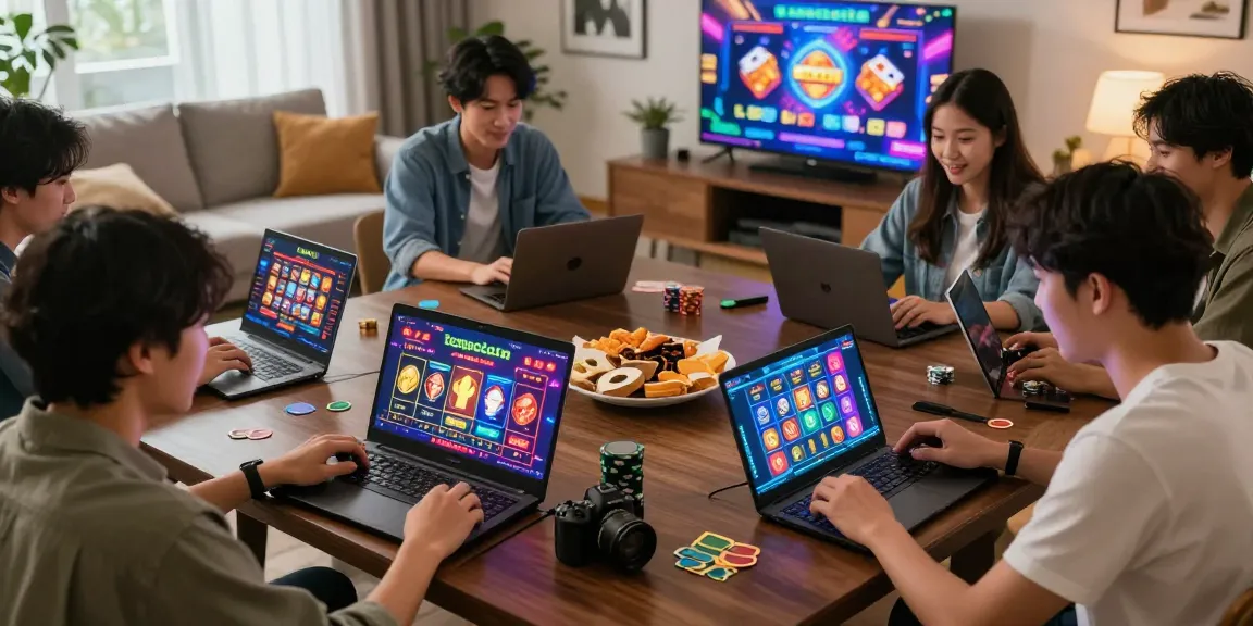 Engaged players exploring tempototo online gaming platform in a modern living room.