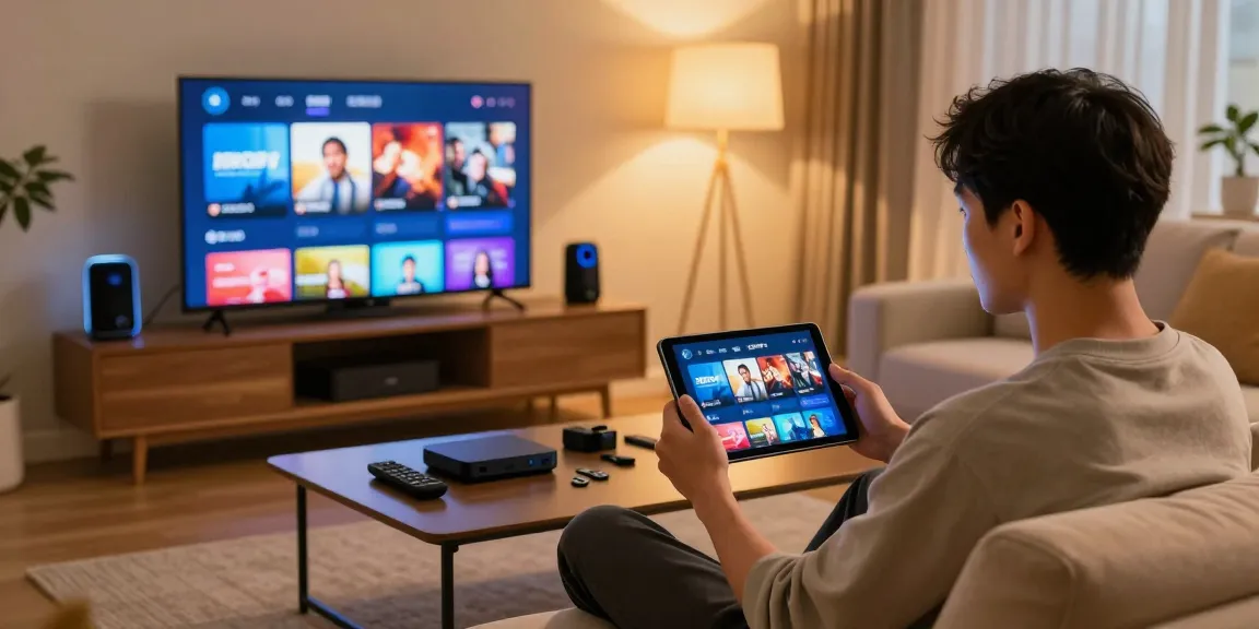 Téléchargement de l'application IRON TV PRO sur une tablette dans un salon moderne.