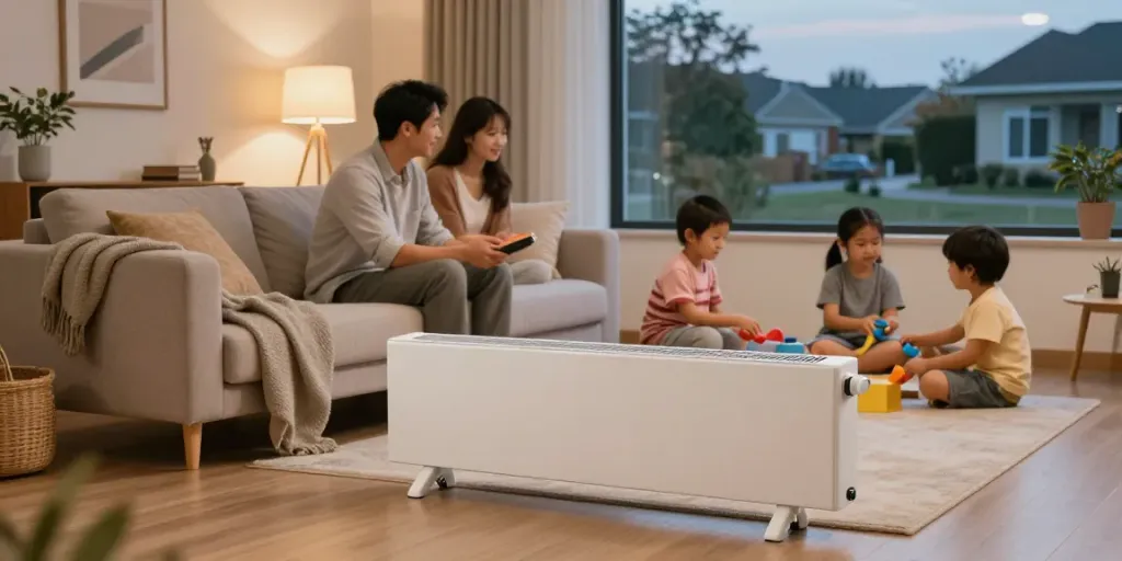 Family enjoying warmth from an electric radiator in a cozy living room.