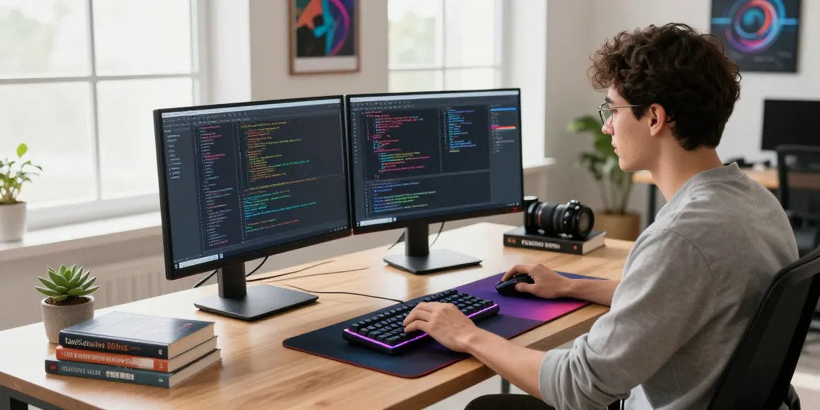 Developer at https://www.www456bd.com/ workspace coding at dual monitors surrounded by tech books and natural light.