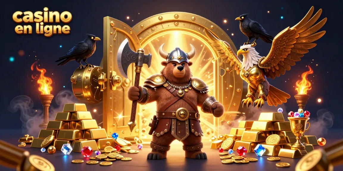 Les personnages du casino en ligne, un ours viking et une aigle valkyrie, entourés de trésors brillants et de lumières.