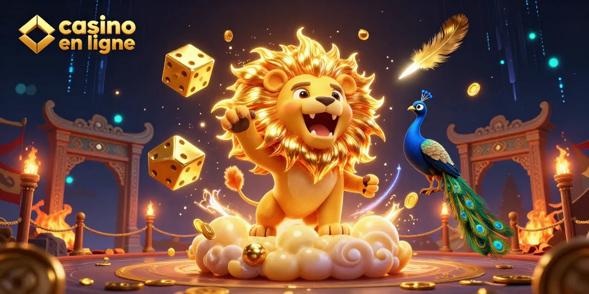 Découvrez un lion solaire et des dés en or symbolisant le casino en ligne lors d'un jeu exaltant.