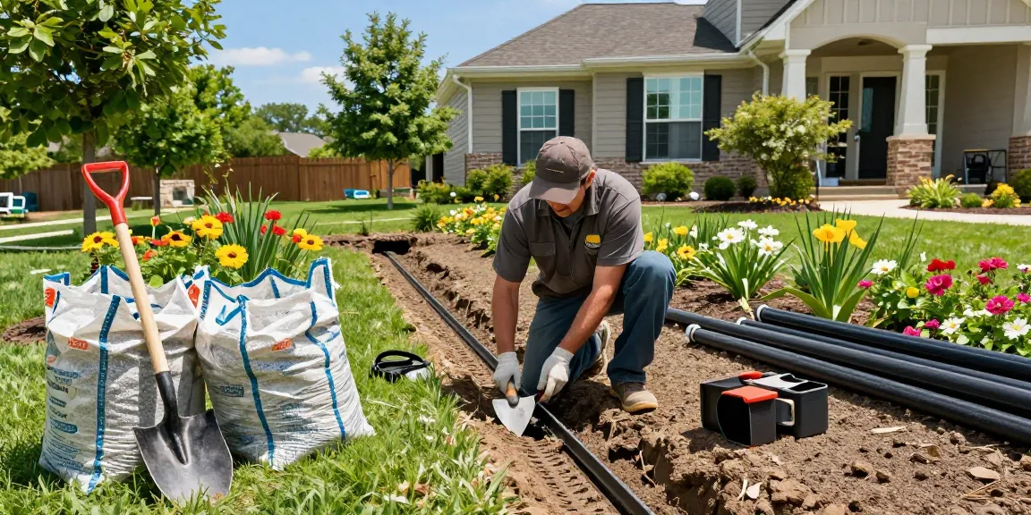 Expert Drainage Services in Springtown, TX, showcasing a technician installing a French drain in a vibrant residential yard.