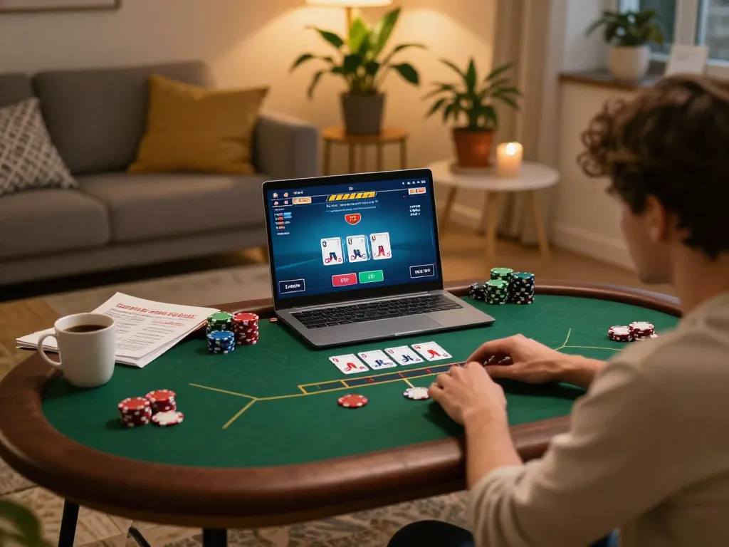 Player engaging with poker game on laptop at home, showcasing MAX79's online gambling experience.