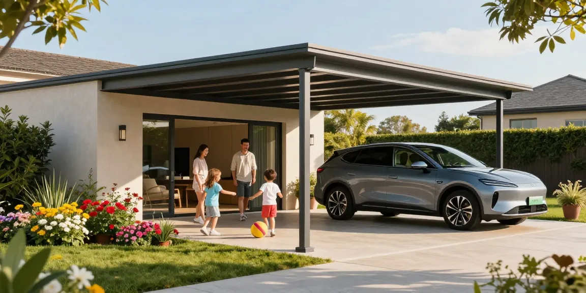 Moderne Carport-Struktur, Familienaktivitäten im Freien und blühender Garten im Hintergrund.