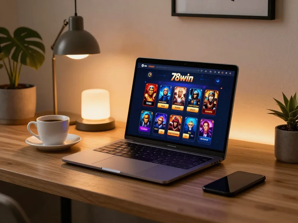 Engage in thrilling gameplay at 78win with a cozy online setup featuring a laptop.