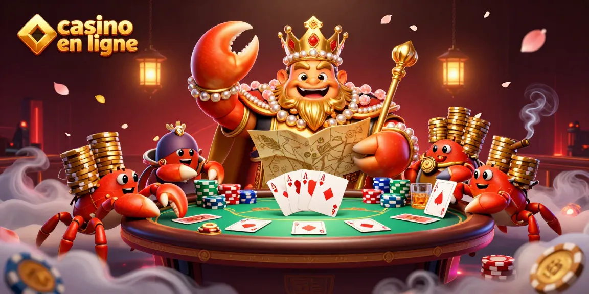 Illustration d'un casino en ligne avec un crabe empereur doré et des éléments de poker éparpillés.