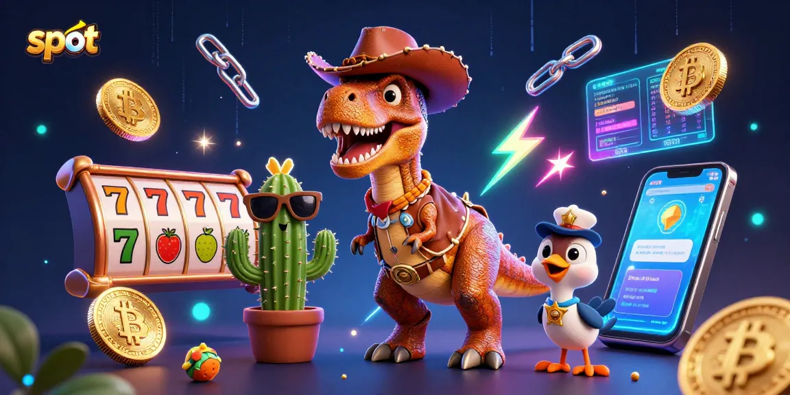 Spin the slot reels with T-Rex and friends in a vibrant casino scene featuring crypto elements.