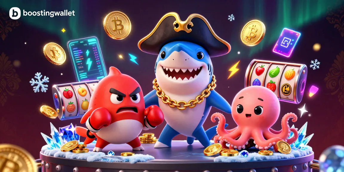 Boostingwallet showcases a 3D pirate shark, pufferfish, and octopus in a vibrant casino scene.